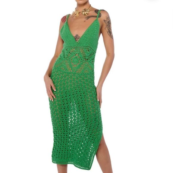 AKIRA Dresses & Skirts - GREEN WITH ENVY CROCHET MIDI DRESS IN GREEN